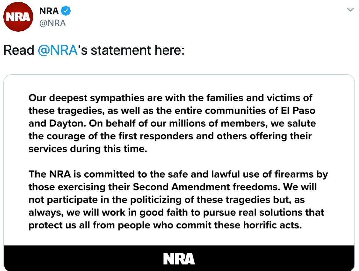 ewarren's tweet photo. Make no mistake, tomorrow the @NRA will go back to doing the dirty work of gun manufacturers and blocking progress at every turn. @SenateMajLdr must call us back into session to vote on the two background check bills that have already passed the House. https://t.co/uaEmrdMRbY