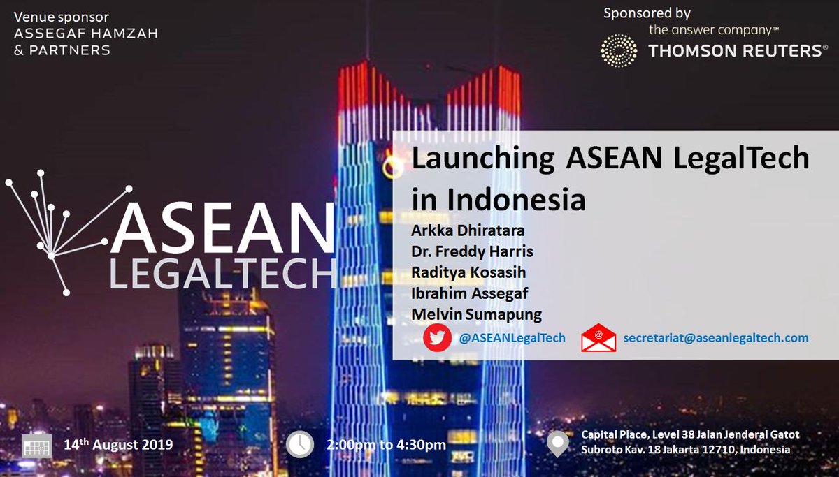 Hello #ASEAN #ASEANLegalTech #IndonesiaLegalTech friends! We have a launch event next week! Come say hi meetup.com/ASEAN-LegalTec…

You'll hear from <a href="/gojekindonesia/">Gojek Indonesia</a>, @djki_indonesia, @MelvinSumapung, <a href="/HukumOnline/">HukumOnline</a>

Thanks to <a href="/thomsonreuters/">Thomson Reuters</a> for sponsoring! #LegalTech