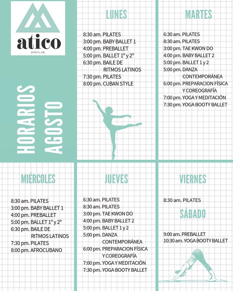 aticobodylab's tweet photo. Este lunes 5 iIniciamos un nuevo ciclo de clases #pilates #ballet #danzacontemporanea #baile #yoga #ybb #cubanstyle #Taekwondo #babyballet #agendaagosto https://t.co/pkOo8pXMKj