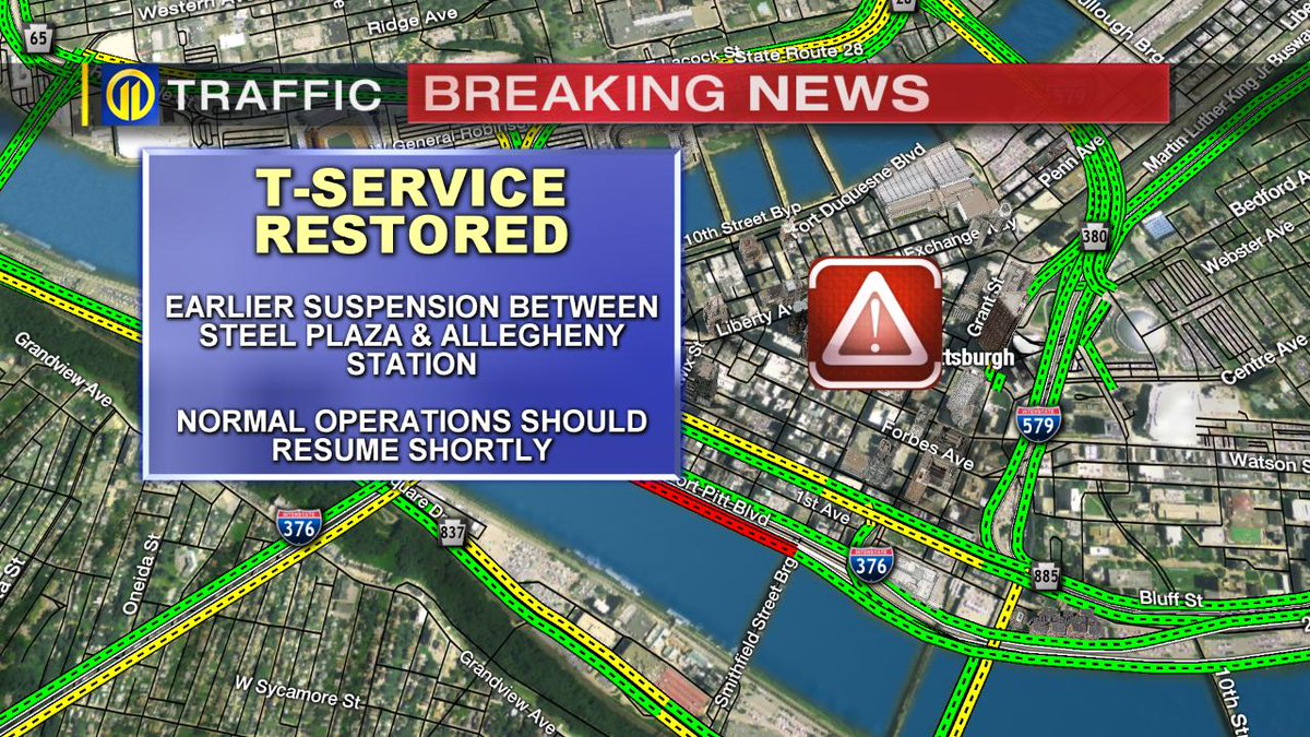 WPXITraffic's tweet photo. T-SERVICE UPDATE: T-Service has been Restored between the Golden Triangle and North Shore. #PittsburghTransit #wpxi https://t.co/noP2F6ncqN