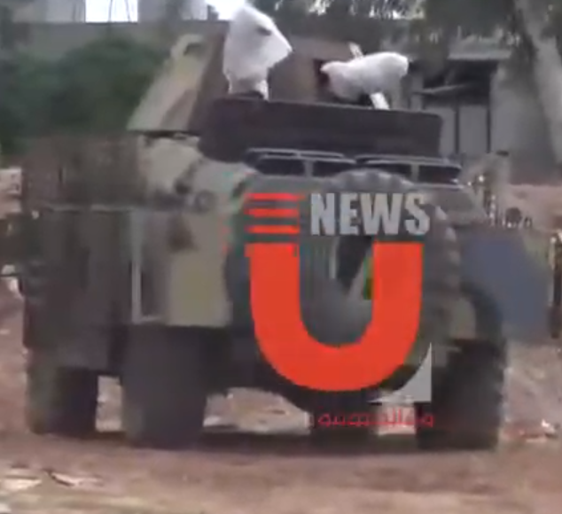 Possible evidence of PMC presence in recent fighting in Hama, as modified BRDM is seen in a new video(1st photo).For more on Ru PMC modified BRDMs see -( https://twitter.com/warsmonitoring/status/904333223727157248)This same modification survived a battle for Aleppo&against IS in the Syrian desert. Now in N.Hama?