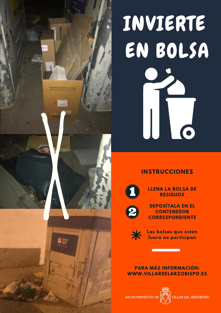 villararzobispo's tweet photo. 📣 Desde el Ayuntamiento de Villar, lanzamos un reto: ¿Y si TODOS invertimos en bolsa? 🚮♻

⚠ Instrucciones: 
 1⃣ Llena la bolsa de residuos.
 2⃣ Deposítala en el contenedor correspondiente. 

#NoMásBasuraEnLaCalle #VillarLibreDeResiduos https://t.co/UHmYsBbSgo