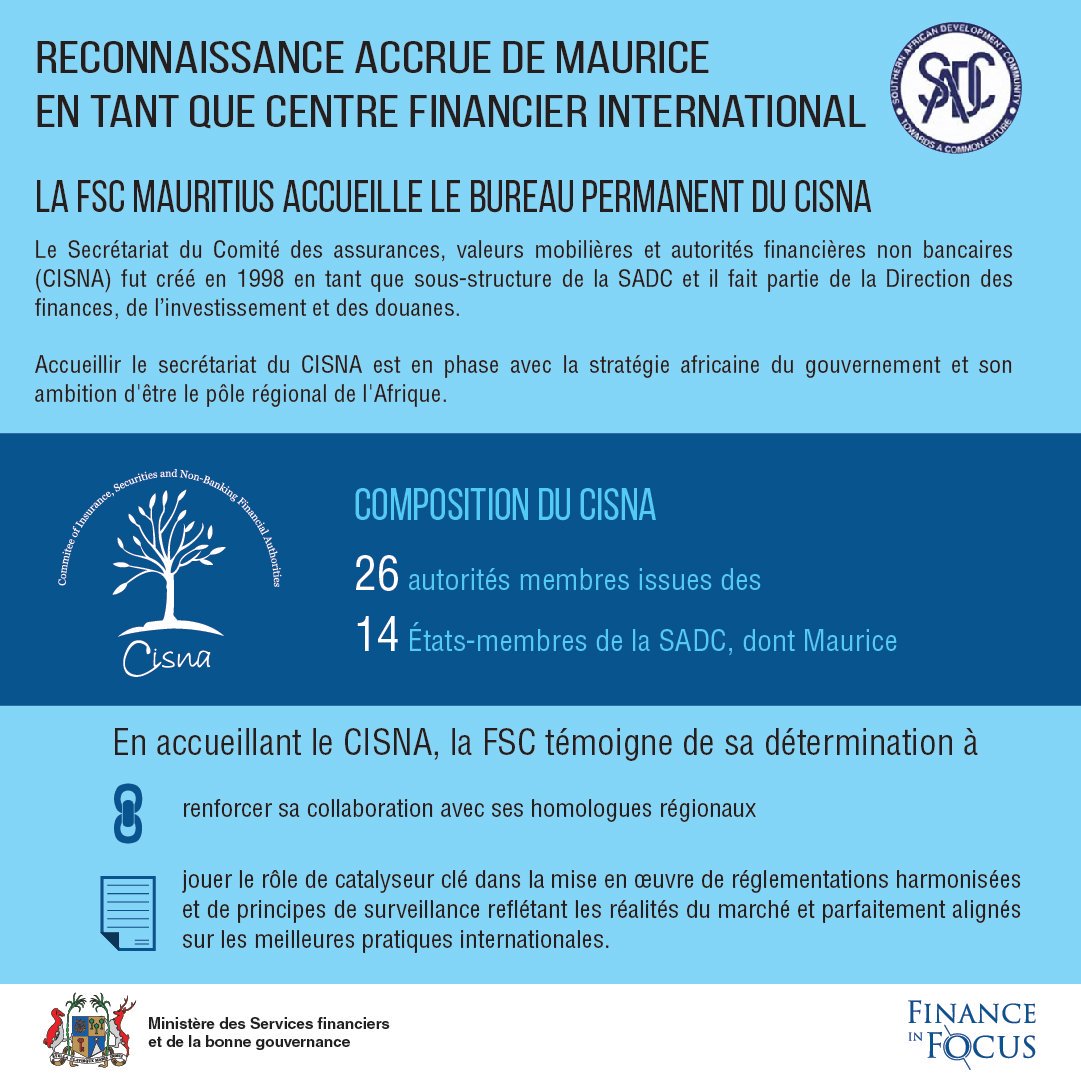 FinanceinFocus1's tweet photo. The hosting of the CISNA Secretariat in Mauritius demonstrates the commitment of the FSC to strengthen its existing collaboration with its regional counterparts 
#financialinstitutions #SADC #internationalstandards  #regulatoryframework #financialservices #financeinfocus #mfsgg https://t.co/HASk3AcyH3