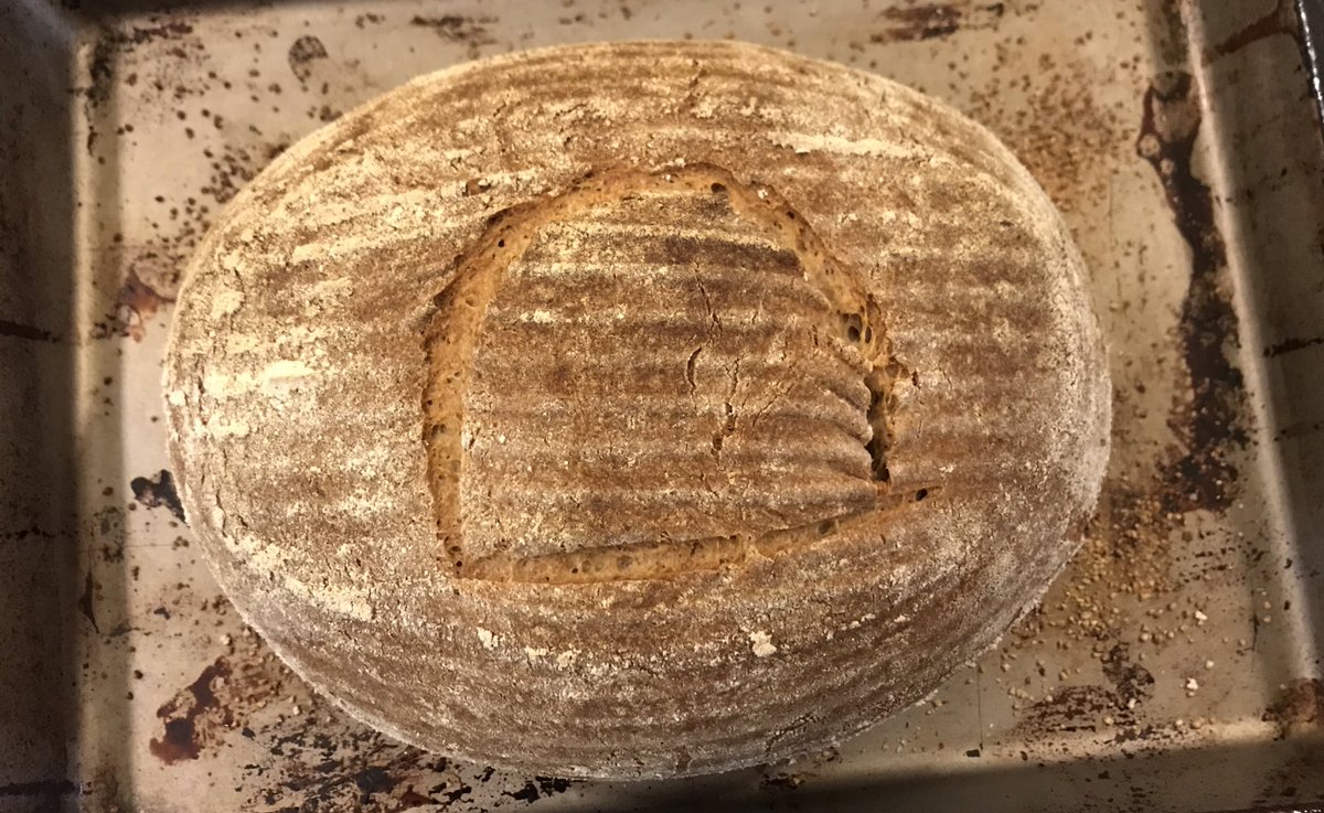 And here is the result. The scoring is the Hieroglyph representing the “T” sound (Gardiner X1) which is a loaf of bread. The aroma is AMAZING and NEW. It’s much sweeter and more rich than the sourdough we are used to. It’s a big difference. After this cools we will taste!