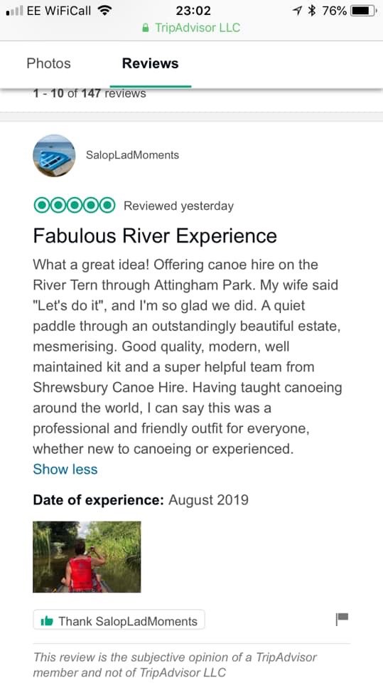 ShrewsCanoeHire's tweet photo. A glowing review of our new location We are in there today again available for Turn Up & Hire If you have been out with us of late why not leave a review yourself #Shrewsbury #Shropshire #gocanoeing
https://t.co/C8mK1dms3a https://t.co/vARo8VBWly