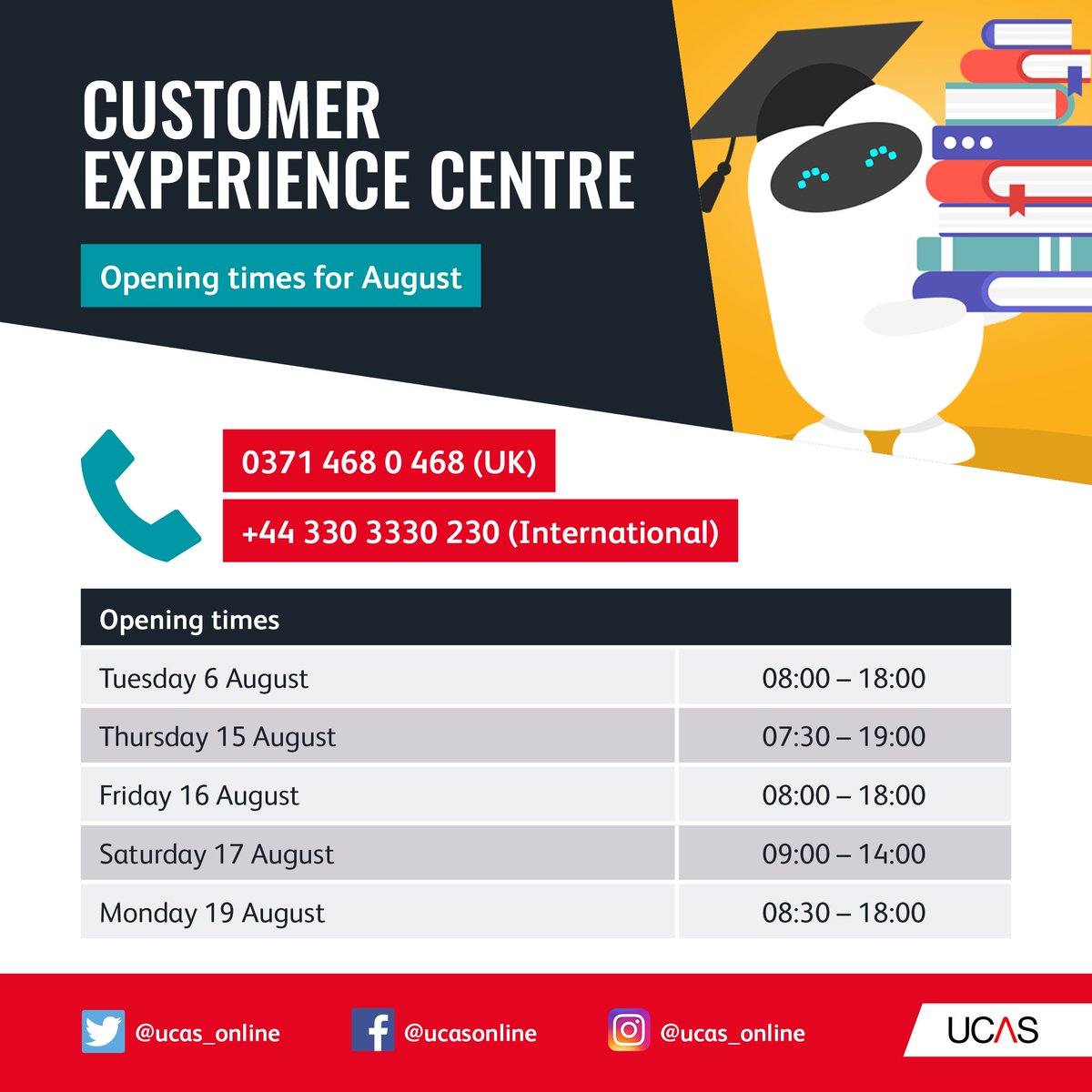 ucas_online's tweet photo. To make sure we’re on hand to help, we’ve extended our opening hours over the next couple of weeks! https://t.co/Gtn2p5dCfj
