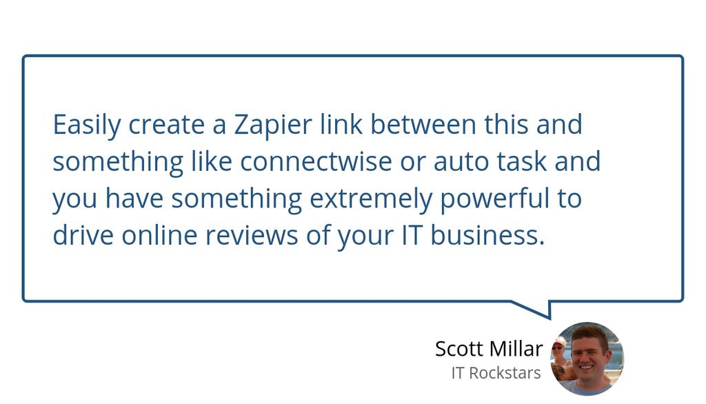 ITRockstarsUK's tweet image. &quot;Easily create a Zapier link between this and something like connectwise or auto task and you have something extremely powerful to drive online reviews of your IT business.&quot; lttr.ai/GDPi #onlinereviews #mspmarketing #techreputation #rameybell