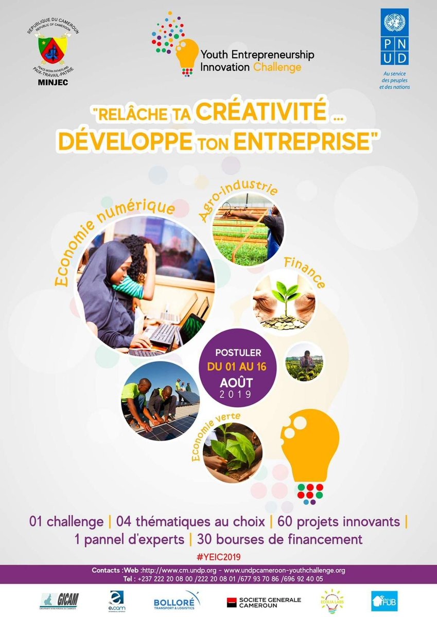 coworkafrica's tweet photo. Nouvelle opportunité pour les entrepreneurs: Le PNUD et le MINJEC ont lancé le "YOUTH ENTREPRENEURSHIP INNOVATION CHALLENGE"
Postulez jusqu'au 16 Août 2019, 30 bourses de financements disponibles !!! #YEIC2019 #entreprenariat #financement #cmr https://t.co/PSlEBka73Z