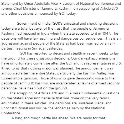 KashmirMatters_'s tweet photo. Former CM @OmarAbdullah issues a statement on government's move, says GOI's decisions are a "total betrayal of trust". https://t.co/i4sIb5kyrU