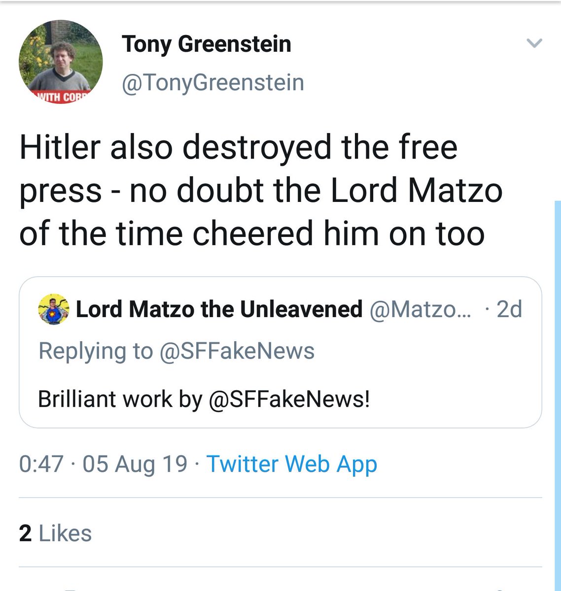 H/T  @MatzoBalling Here we have a combination.1. Stupid Hitler metaphor.2.  #AirysLawTony here is comparing efforts to dry up funding to a fake news site to Hitler's control of the mediaand implicating an anti-antisemite while he's at it.