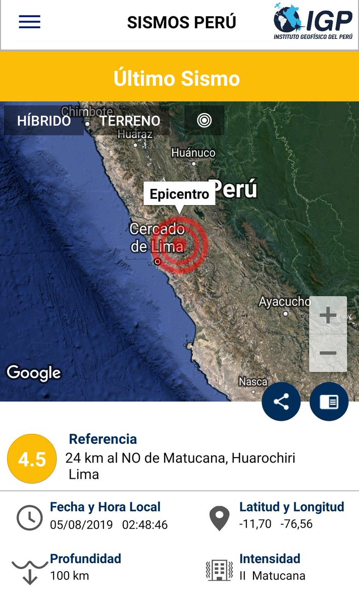 oJennyRo's tweet photo. Reporte de #Último #Sismo #Perú
Fecha Local: 05/08/2019 
⌚ 02:48:46
#Magnitud: 4.5
Latitud: -11.70 Longitud: -76.56
Referencia: 24 km al NO de Matucana, Huarochiri - #Lima https://t.co/vcEFXIBgHW