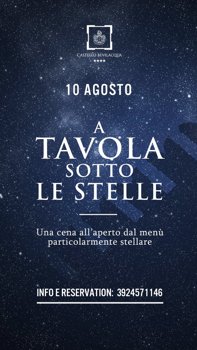 Cast_Bevilacqua's tweet photo. Tutti con il naso all'insù per ⭐️A tavola sotto le stelle⭐️
Cena con animazione musicale e micro magia, servita nell'elegante giardino del Relais Castello Bevilacqua.
Info e prenotazioni: https://t.co/ZqAxJpbDZH https://t.co/pAYsHaWrIn