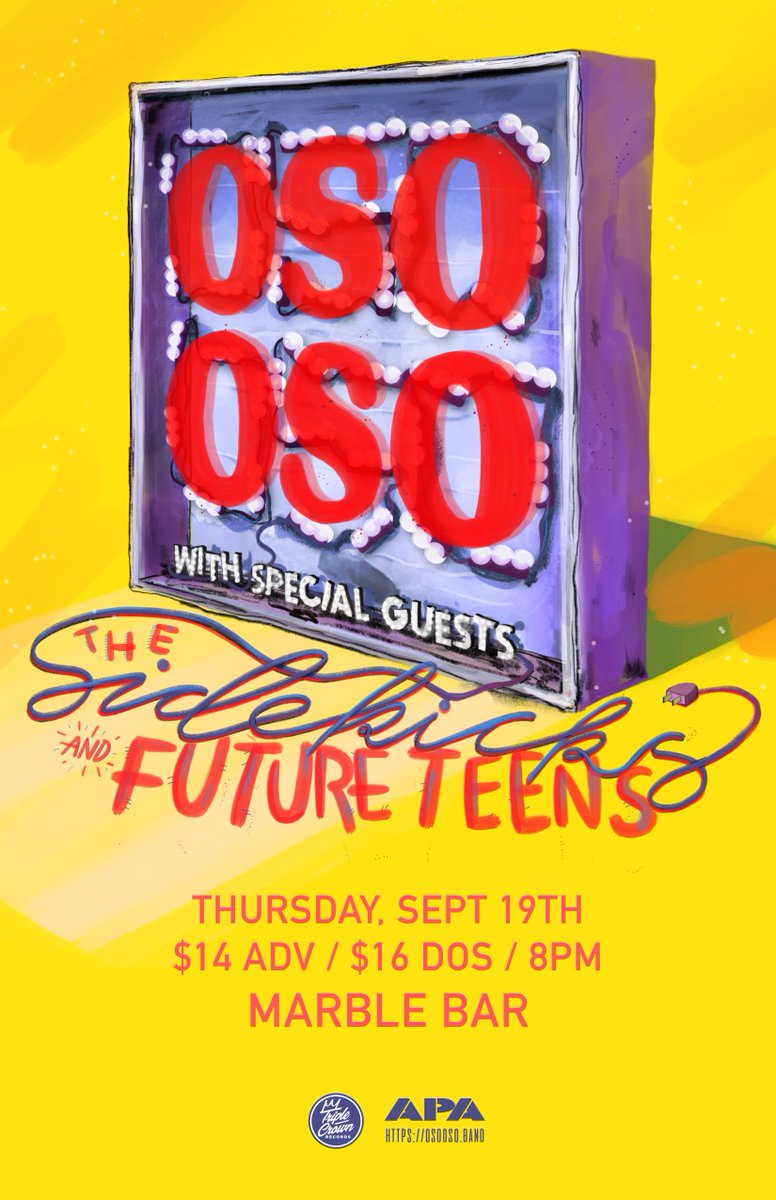 Party Store Productions (@partystorep) on Twitter photo NEXT MONTH | <a href="/BlackIrisDet/">Black Iris Booking</a> presents: <a href="/osoosoband/">oso oso</a> / <a href="/SidekicksOhio/">The Sidekicks</a> / @futureteensusa 9/19 at <a href="/marbledetroit/">Marble Bar</a>
🎟osooso.eventbrite.com NEXT MONTH | <a href="/BlackIrisDet/">Black Iris Booking</a> presents: <a href="/osoosoband/">oso oso</a> / <a href="/SidekicksOhio/">The Sidekicks</a> / @futureteensusa 9/19 at <a href="/marbledetroit/">Marble Bar</a>
🎟osooso.eventbrite.com