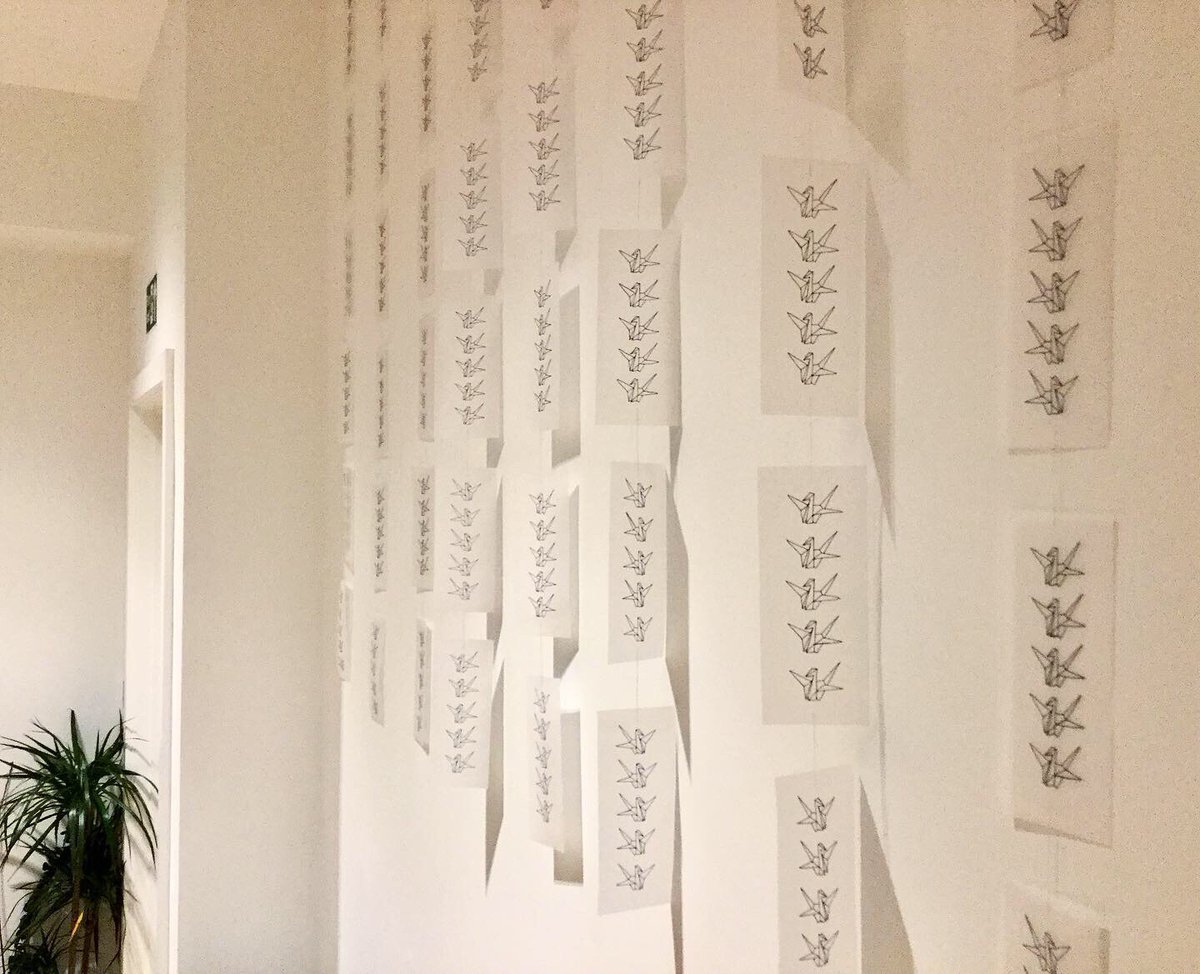 KirstyJKerr's tweet photo. Been busy installing the latest #OneWallGallery exhibition by @ethicalunicorn 👏 ‘Enfold’ is a meditation on forgiveness and ritual, involving hundreds of hand-drawn and hand-folded origami cranes.
See it now til October, downstairs at @thebeehiveldn in #BethnalGreen 👀 https://t.co/gr7UfpWVE3