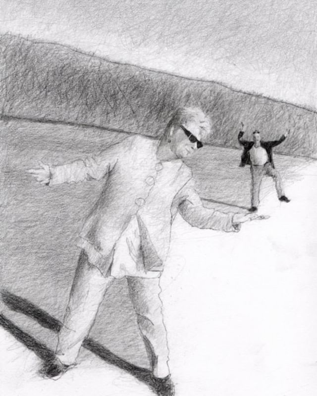 cahalpin's tweet photo. A drawing commissioned by @mrmole42 as part of my 60 if she's a Day Portrait Project. It shows his parents on the beach, with his pocket sized Dad being held by his monolithic Mum #drawing #portrait #60aday #parents #love #art https://t.co/KPunzdrtRY https://t.co/1VBw2Jg4R0