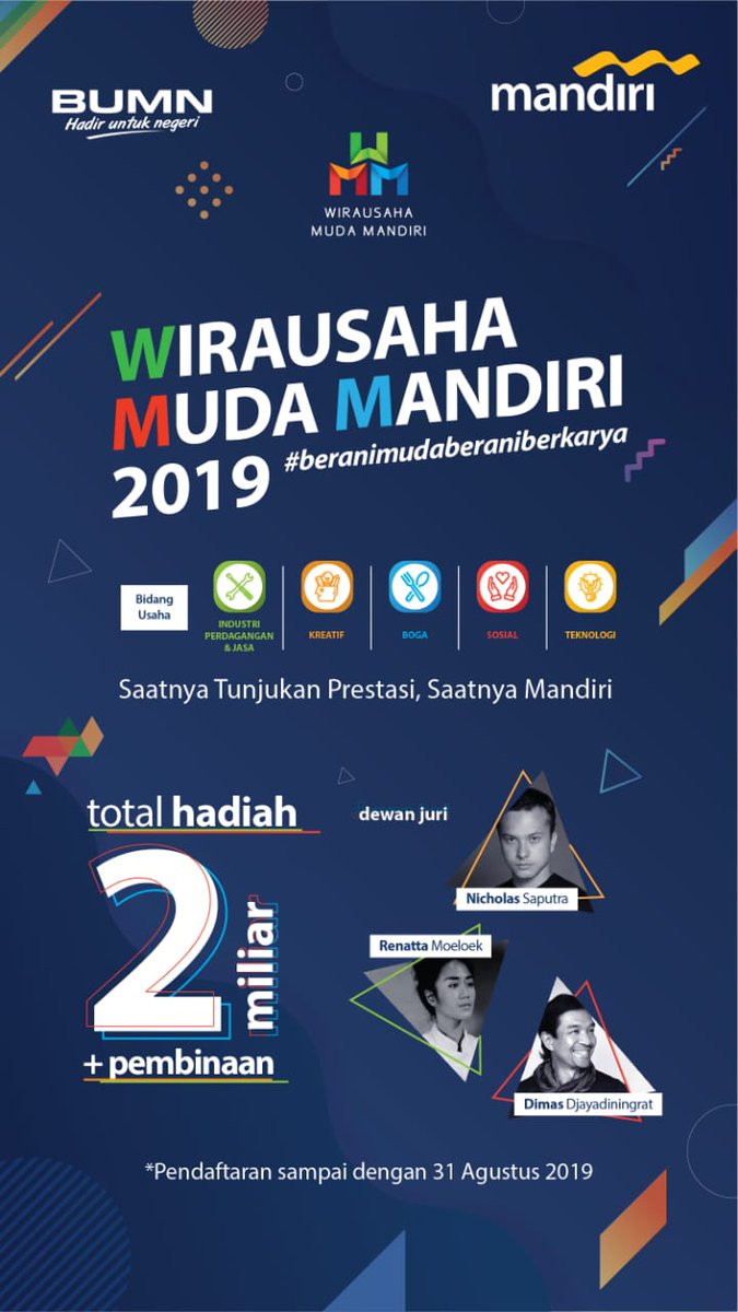 Sebagai wujud konsistensi dalam mendukung tumbuh kembang wirausahawan muda Indonesia dari kalangan terdidik (mahasiswa maupun alumni), @BankMandiri kembali menyelenggarakan Program Wirausaha Muda Mandiri (<a href="/wrausahamandiri/">wirausaha mandiri</a>)