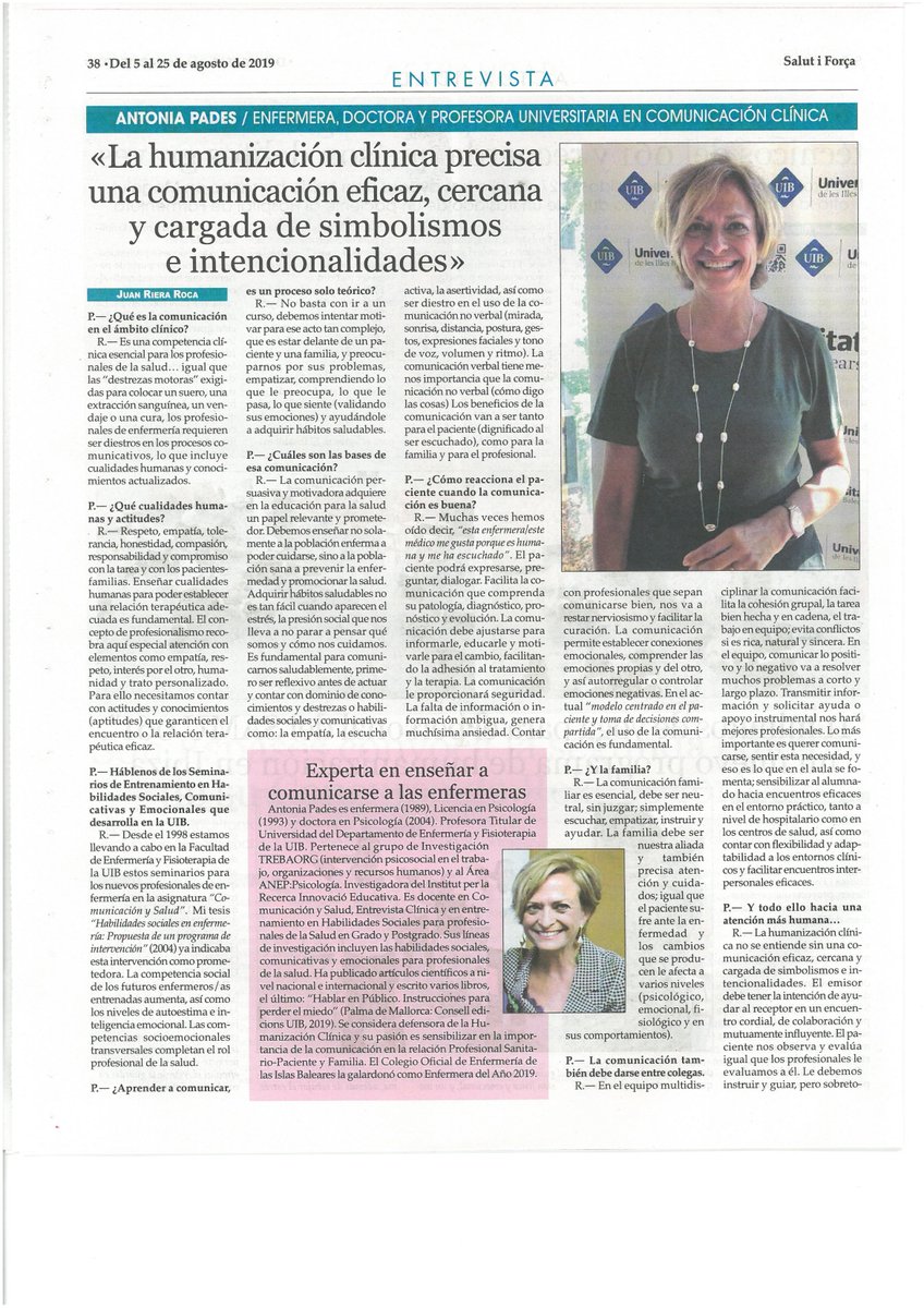 COIBA (@coiba1) on Twitter photo Entrevista a Antonia Pades, infermera, doctora i professora universitària en comunicació clínica, sobre comunicació eficaç, via <a href="/saludediciones/">Salud Ediciones</a> Entrevista a Antonia Pades, infermera, doctora i professora universitària en comunicació clínica, sobre comunicació eficaç, via <a href="/saludediciones/">Salud Ediciones</a>