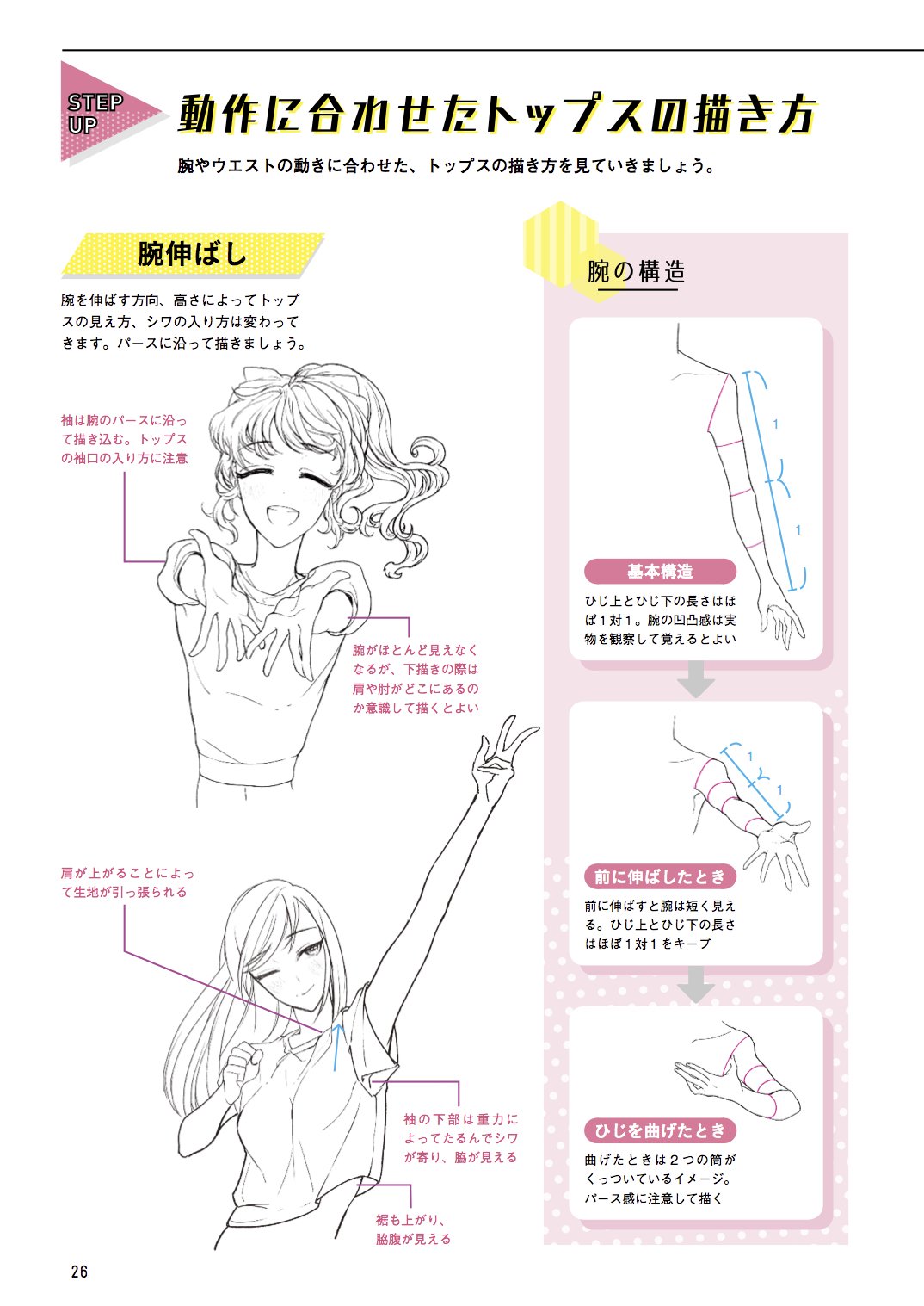 玄光社 超描けるシリーズ 在 Twitter 上 超描ネタ帳 Kyachiさん Shirotumechika 著 アイドル衣装デザイン図鑑 より 動作に合わせたトップスの描き方を紹介 動きによって生地が引っ張られ 揺れたりシワができたりするのでよく観察して イラストに
