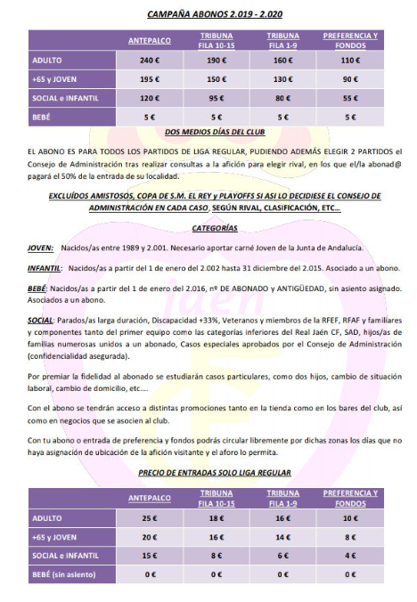 SelectosRJaenFS's tweet photo. @RealJaenCF |  Recordamos que hasta el #sábado 10 de agosto 2019 se reservan los asientos para los socios de la temporada 2018-2019. #Jaén #RealJaenCFSAD Adjuntamos cartel de los precios de esta temporada 2019-2020 👇👇👇👇 https://t.co/RXGi0IC6oN