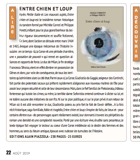 "Entre Chien et Loup" (Editions Piazzola)… Coup de cœur d'ARIA du mois d'Août…