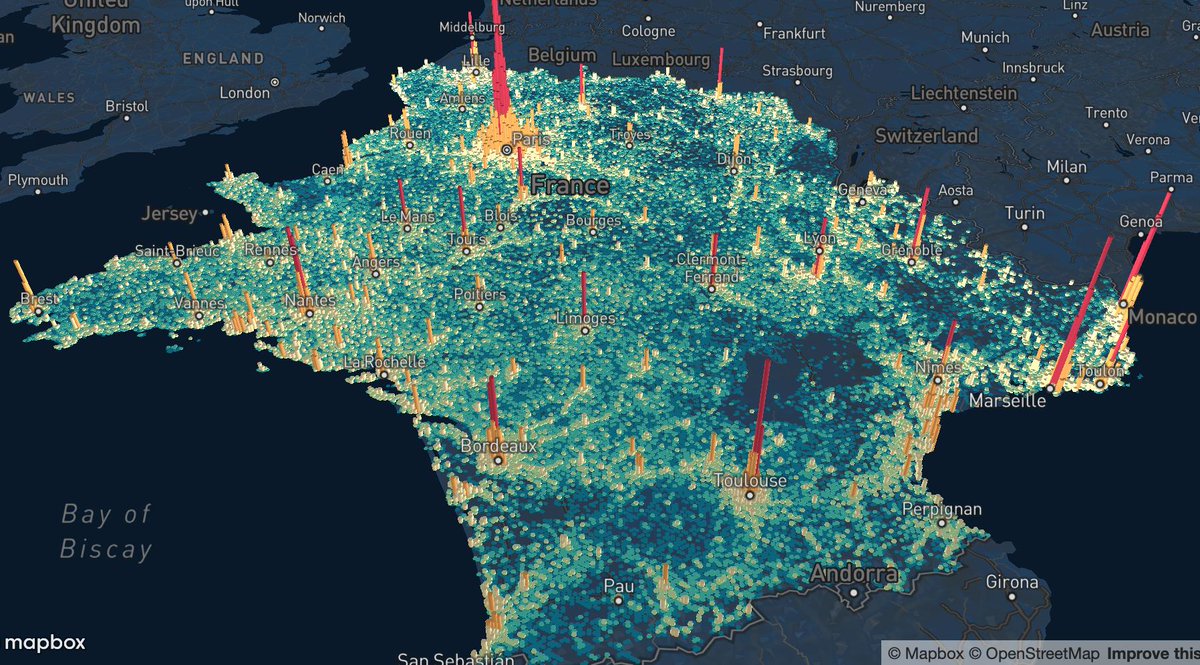 umamiworkshop's tweet photo. Visualisation de l'ensemble des transactions immobilières de l'année 2018 en France métropolitaine (1,2 millions).
Données agrégées et géolocalisées par @opendatasoft_fr. #DVF #deckgl
https://t.co/UYT4JVTLTm https://t.co/5104CLNSaB