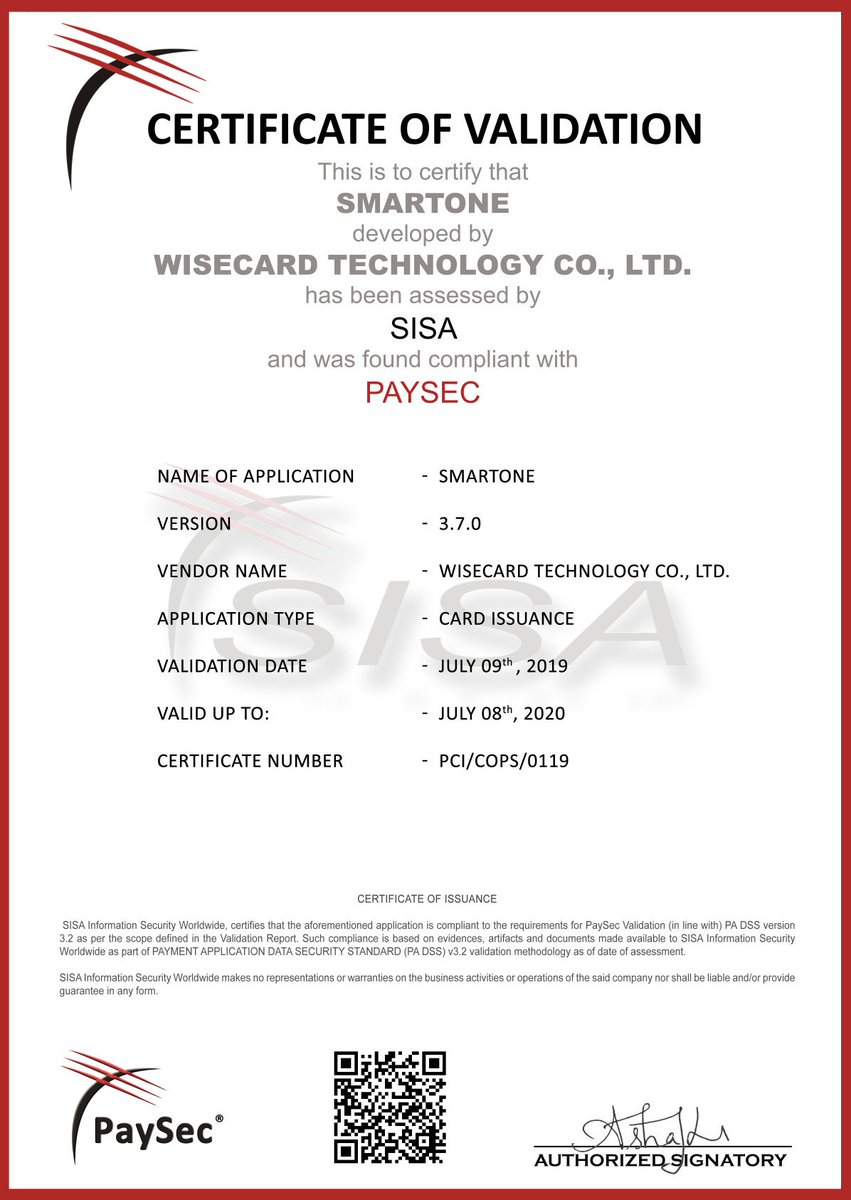 Wisecard Technology Co., Ltd. has been certified for PaySec Validation. Our PaySec Validation means that confirm our WCT-Smartone is secure for payment transactions and provides assurance to end user that the transactions made from their mobile/handheld device are secure.