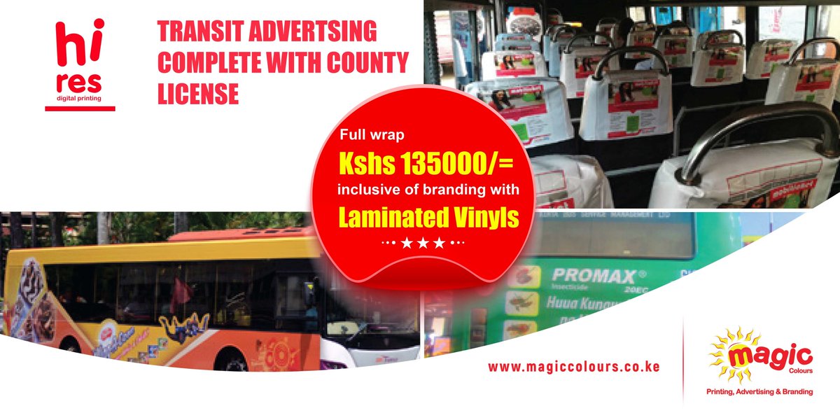 magiccoloursltd's tweet photo. Catching a ride? How about an advertisement to go along with it? Get your transit advertisements done with us complete with a county license and reach an audience on the go!

#Kenyans 
#Daybreak
#Mondaythoughts https://t.co/NObmaLXfdX