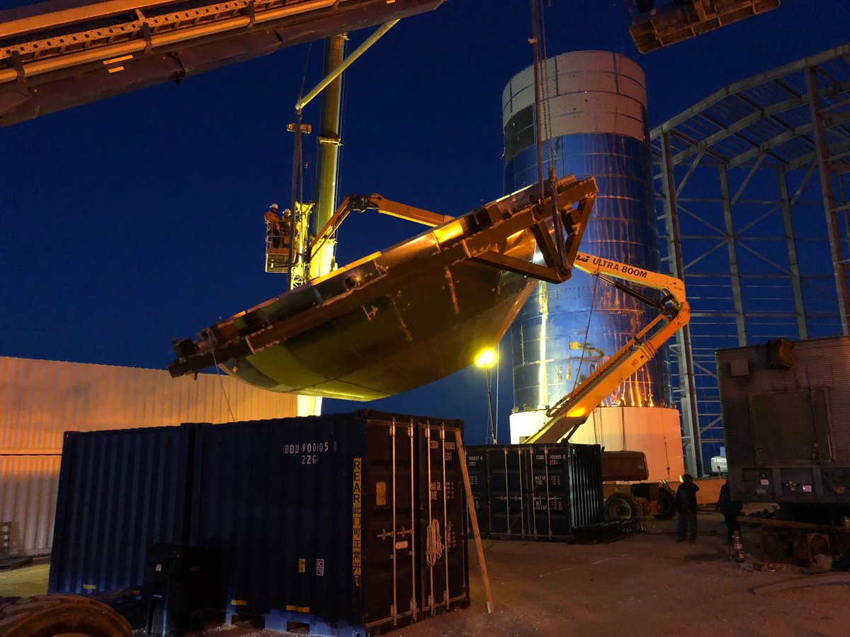elonmusk's tweet photo. Just left Starship Texas build site. Very proud of progress SpaceX team has made! Pics are of 9m dome rotation &amp; Starship airframe behind windbreak. https://t.co/1cmOzkPlkn
