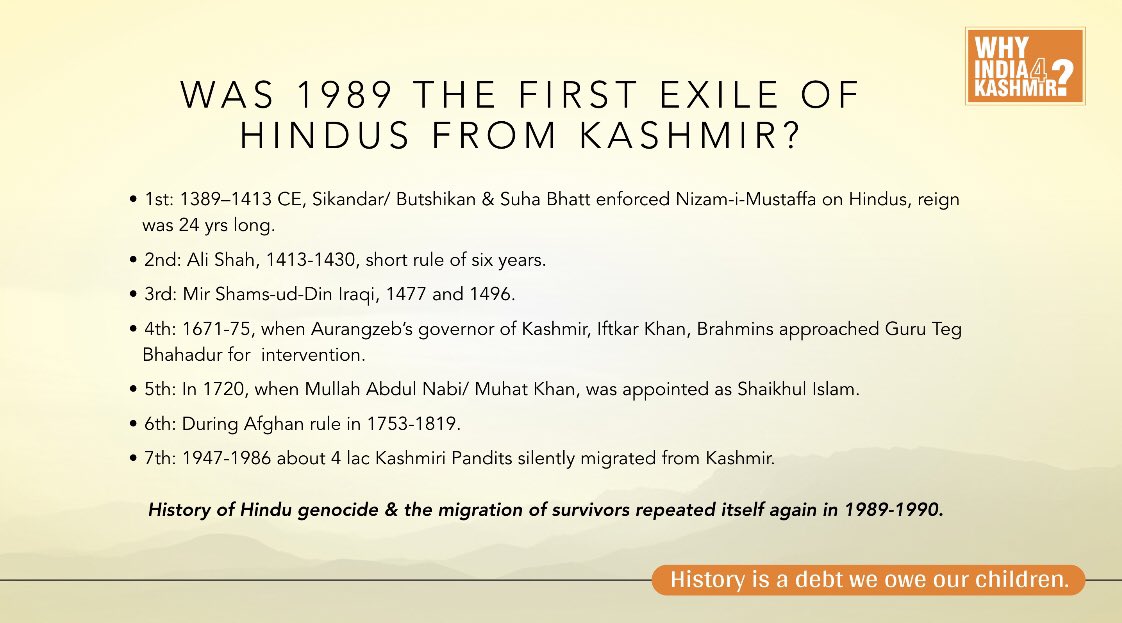 No Kashmiriyat, pure radicalism lead to exile of Hindus right from 14 th century! “Many fled,many killed, some converted. Sikandar burnt 7 maunds of sacred threads of murdered Brahmans, 7 maunds of murdered Pandits were burnt.” -W.R. Lawrence