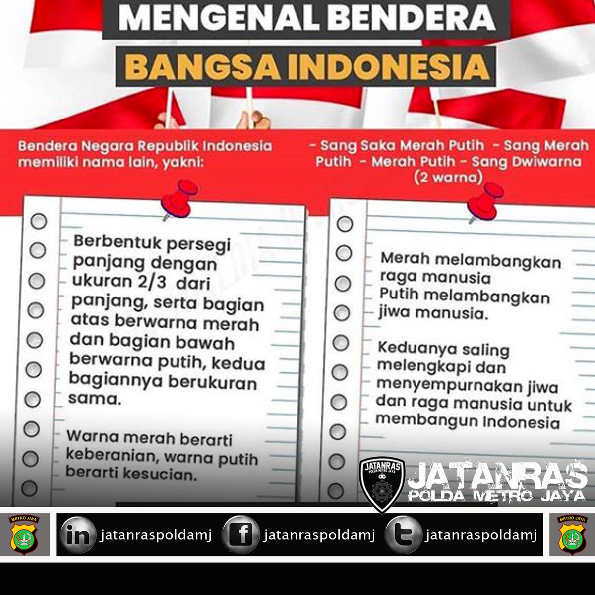Mengenal Bendera Bangsa Indonesia

Bendera Negara Republik Indonesia memiliki nama lain, yakni:
- Sang Saka Merah Putih
- Sang Merah Putih
- Merah Putih
- Sang Dwiwarna (2 warna)