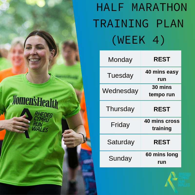 RunWales's tweet photo. 9 weeks to go until the Cardiff Half Marathon, we hope your training is going well. 
Here is week 4 of our 12-week training plan to get your prepared for your first half marathon 🏃‍♀️ #RunWales100 #MondayMotivation https://t.co/Yb1hNMlfpk