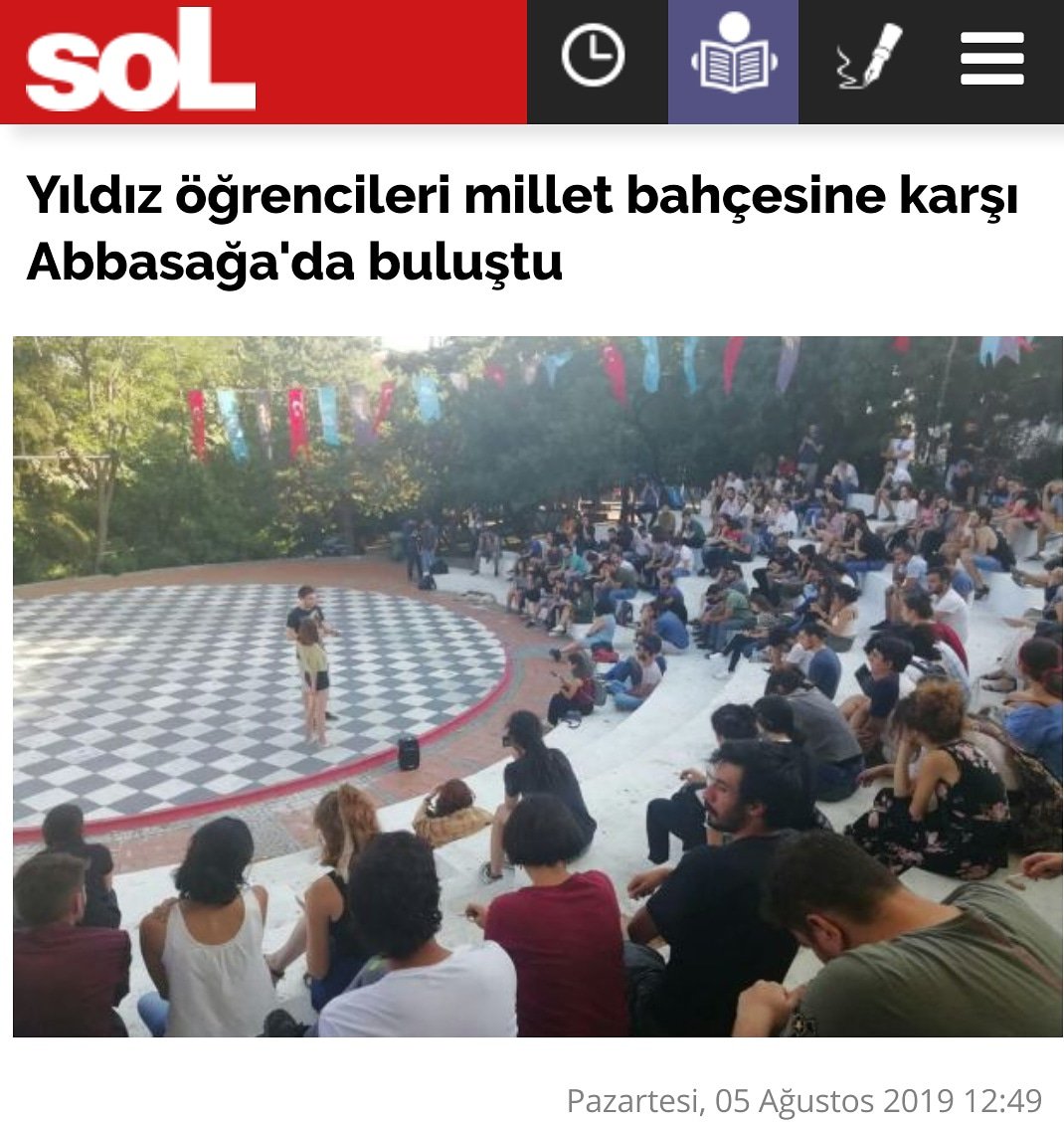 Dün Beşiktaş Abbasağa Parkı'nda  bir araya gelen Yıldız Teknik Üniversitesi öğrencileri, gerçekleştirdikleri forumda amaçlarının 5 Eylül'de yapılacak millet bahçesi ihalesini engellemek olduğunu açıkladılar.

haber.sol.org.tr/turkiye/yildiz…