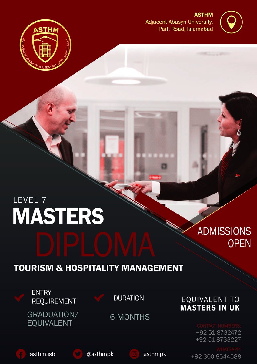 asthmpk's tweet photo. Admissions Open!
#asthm #Pakistan #UK #Islamabad #admission #open #tourism #hotel #hotelmanagement #hospitality #hospitalitymanagement #creativity #frontoffice #education #diplomas #externalprograms #graduation #Masters #college #school #university #studyabroad https://t.co/7PqvEi4l5v