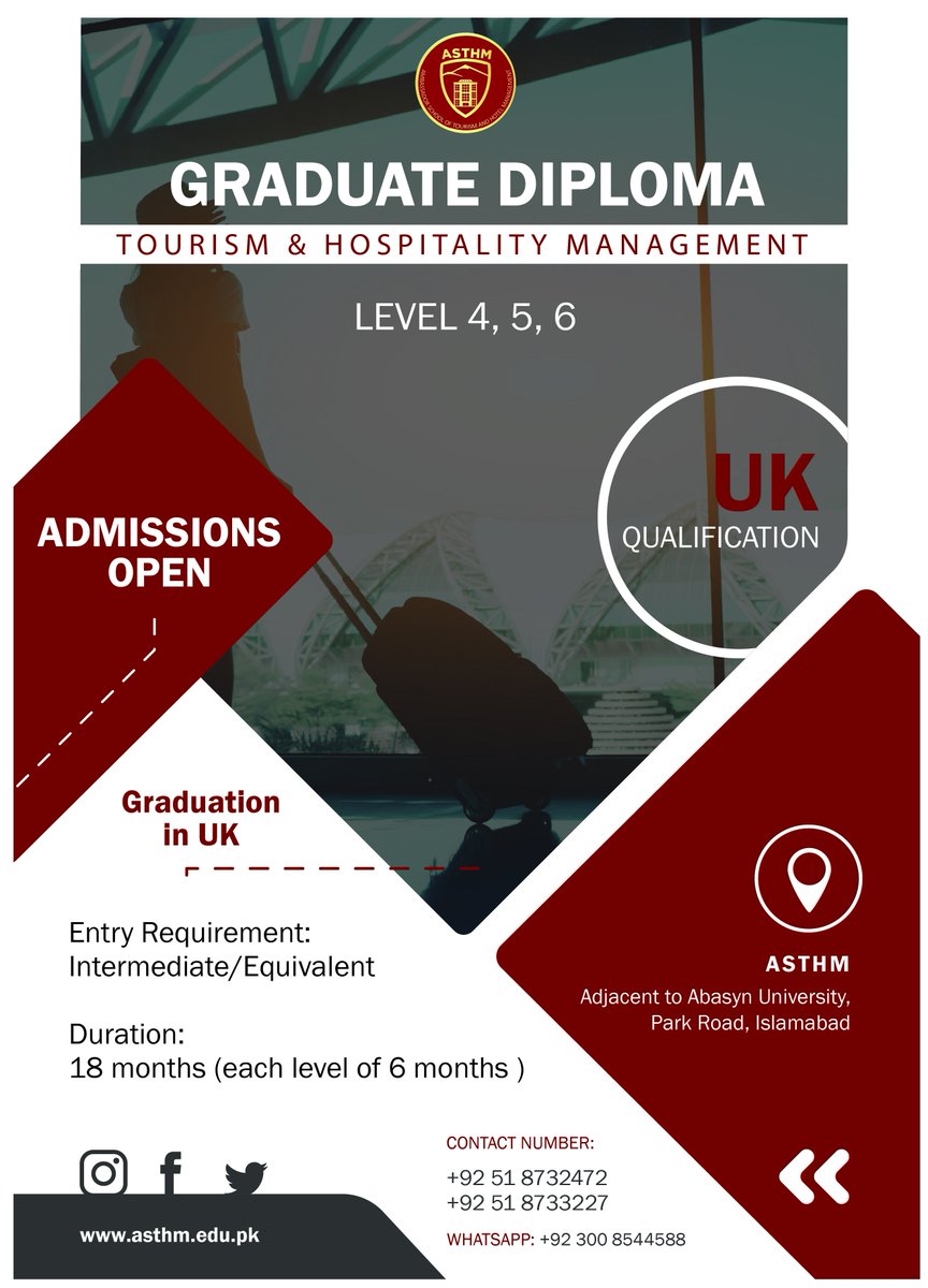 asthmpk's tweet photo. Admissions Open for 2019

#asthm #pakistan #uk #islamabad #admission #tourism #hotelmanagement  #hospitalitymanagement #creativity #frontoffice #education #diplomas #externalprograms #graduation #intermediate #internships #college #school #university https://t.co/WWeYM0eIB5