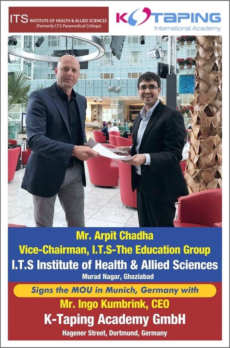 WISSENSCHAFTLICHE KOOPERATION

Die K-Taping Academy hat eine Kooperation mit der Universität I.T.S. nahe Delhi / Indien geschlossen.

k-tape.com
k-tape.com/german/blog/it…

#ktaping #education #health #science #bildung #weiterbildung #gesundheit #wissenschaft