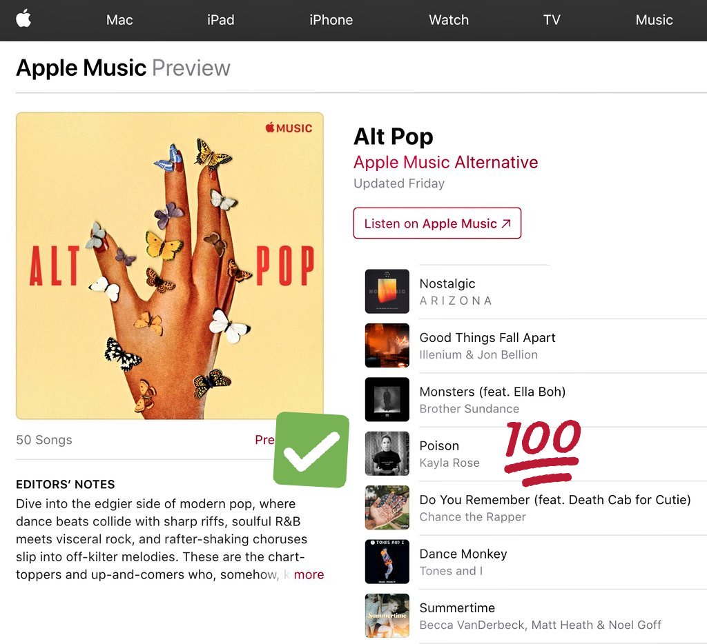 .@KaylaRoseZito - Poison, now streaming on @AppleMusic Alt Pop playlist 🙏🏻
