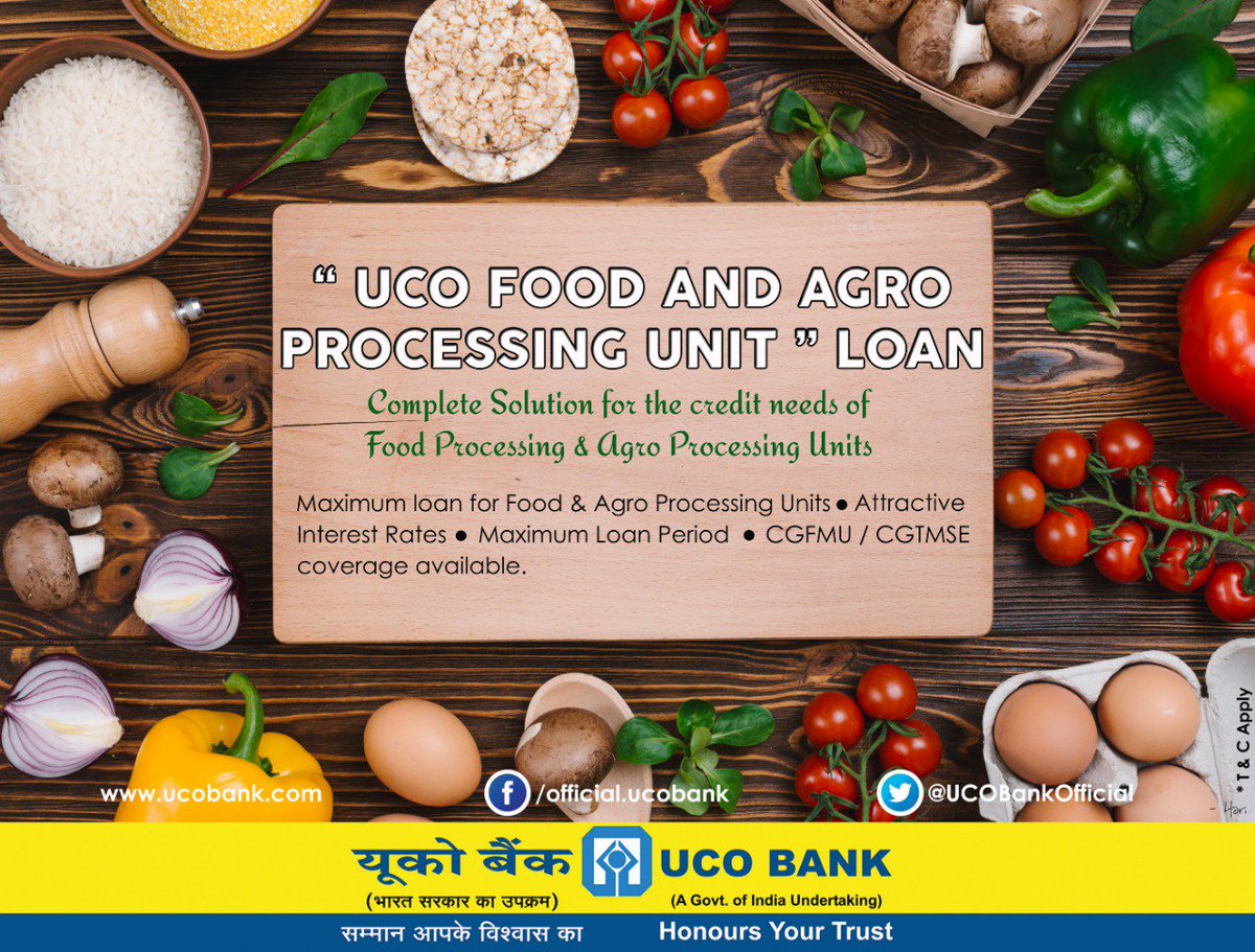 UCOBankOfficial's tweet photo. #UCOBank brings a complete solution for Credit needs of Food &amp; Agro Processing Unit, at an attractive interest rate! Visit nearest #UCOBankBranch or Bank's website https://t.co/fc8wpAaUpP for more details.  @AgriGoI https://t.co/lZw4WMPM3C
