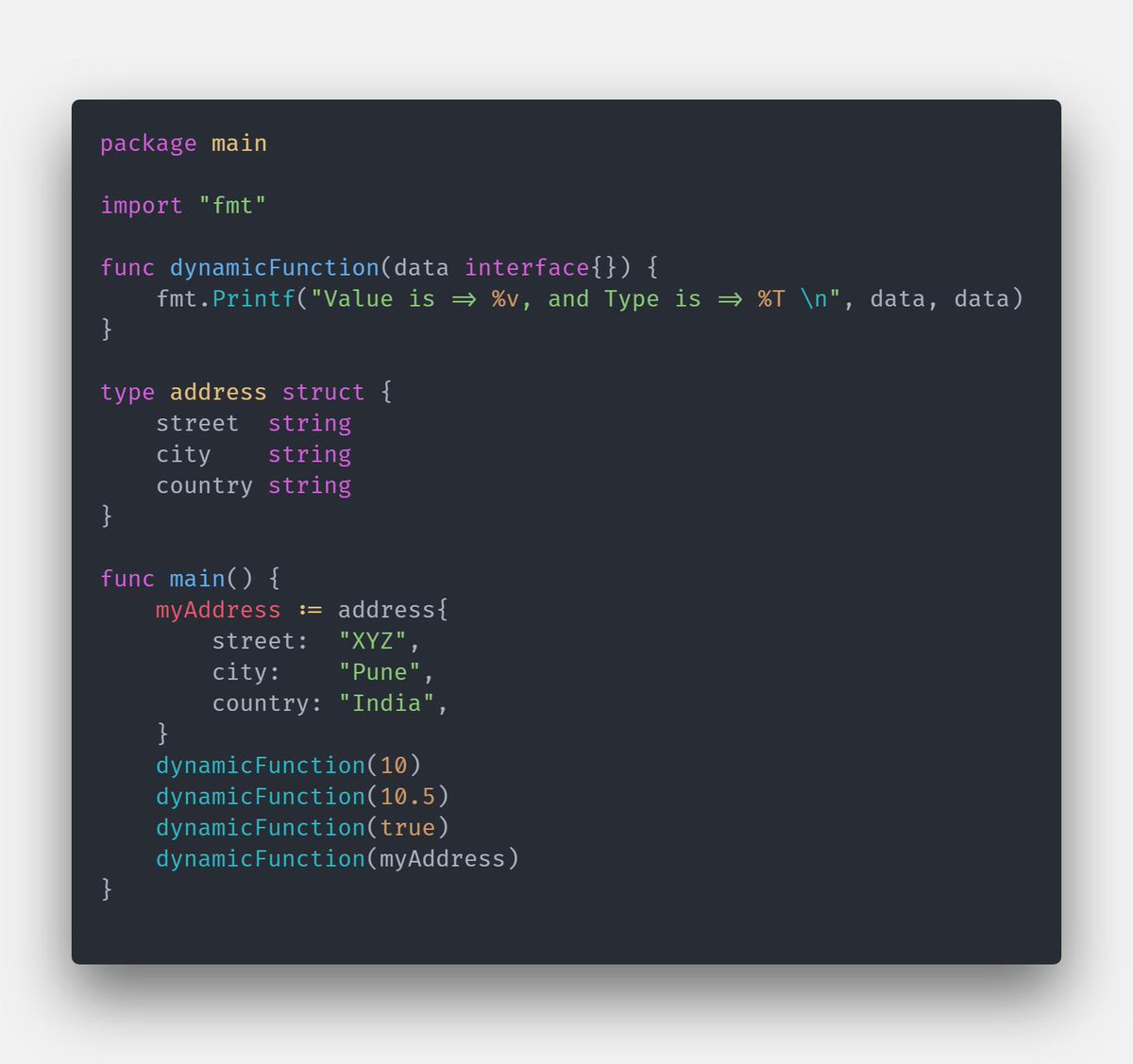 gophersumit's tweet photo. #Golang #Gophers 
Did you know that even though Go is statically typed language, still you can use dynamic typing using empty interface (hint : fmt.Println) ? 
you can write functions similar to dynamic languages like #JavaScript
playground : https://t.co/j7gCUEGQEb https://t.co/YngMfesFF0
