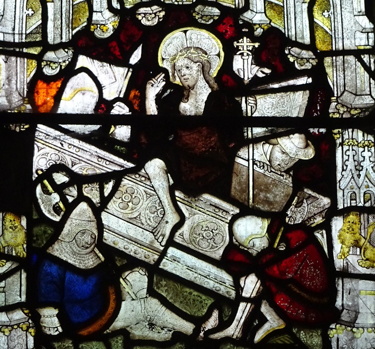 ClerkofOxford's tweet photo. A highlight from a recent trip to Lincolnshire: some jewels of medieval stained glass in Wrangle, a village on the flat Fenland road between Boston and Skegness. The glass is from the 14th-15th century, made when Margery Kempe was having heavenly visions just across the Wash. https://t.co/oen5Yf3mkc