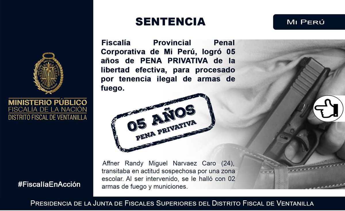 #FiscalíaEnAcción | Fiscalía Provincial Penal Corporativa de #MiPerú, logró 05 años de #PenaPrivativa de la libertad efectiva, contra procesado por el delito de #TenenciaIlegalDeArmas.
👉 bit.ly/2yGz28h 

#DistritoFiscalDeVentanilla