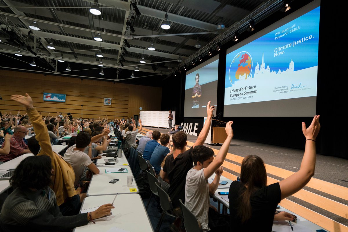 fff_europe's tweet photo. The #SmileForFuture Summit in Lausanne has officially started. 450 young activists have come from all around 37 countries in order to stop the crisis – governments &amp; politicians around the world: what have you done today in order to prevent #GlobalWarming?🌍✊
#FridaysforFuture https://t.co/6JVFOz1caO