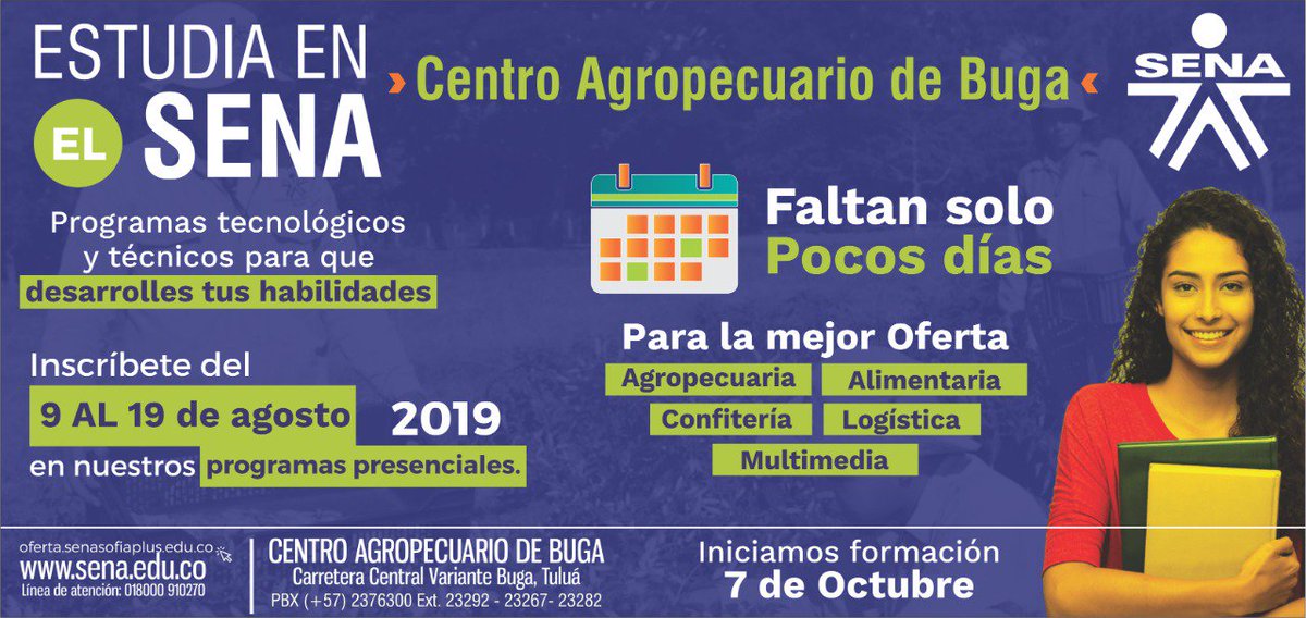 Alexatehortua2's tweet photo. ¡Atentos! 👀 Del 9 al 19 de agosto abriremos nuestra Cuarta  Convocatoria de 2019 👏 Si quieres hacer parte de la familia #SENARegionalValle en el Centro Agropecuario de #Buga debes estar muy pendiente de nuestra oferta de formación que publicaremos aquí 👇en los próximos días👌 https://t.co/FLbTtoKwSY