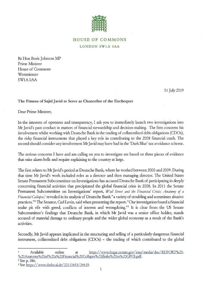 johnmcdonnellMP's tweet photo. I've written to Boris Johnson calling on him to reconsider the fitness of Sajid Javid to serve in the role of Chancellor https://t.co/uEKqltCERQ