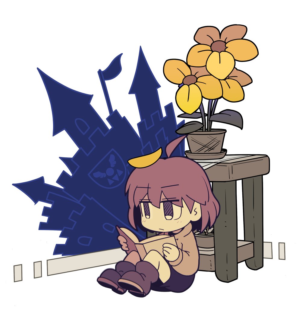 1girl solo flower book sitting ahoge boots  illustration images