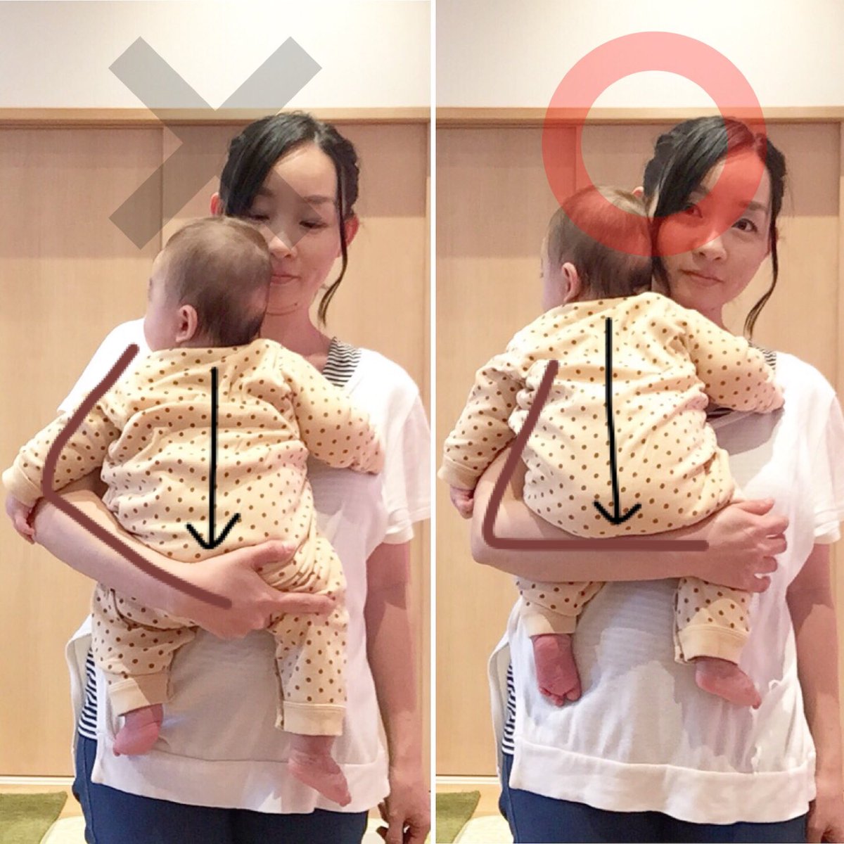 近藤カナ 産科の理学療法士 手首痛くならない抱っこ ポイント 肘に近い所で子の体重を支える 脇を締める 手首は動かせるくらい力を抜く こうすると自然に子の位置も 高くなって腰を反らないので 腰への負担も減ります 反対の手は背中や首を支えて