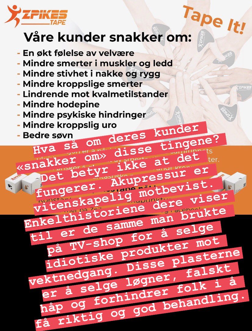 kaveh_rashidi's tweet photo. ZpikesTape er det verste alternative pisset jeg har hørt om på lenge.

Produktet fungerer ikke. I beste fall lurer den deg med placeboeffekten, eller ved at smerten dine ble bedre av seg selv/annen samtidig behandling.

Ren og skjær løgn og bedrageri.

Burde vært ulovlig å selge. https://t.co/VRk8qVC9LJ