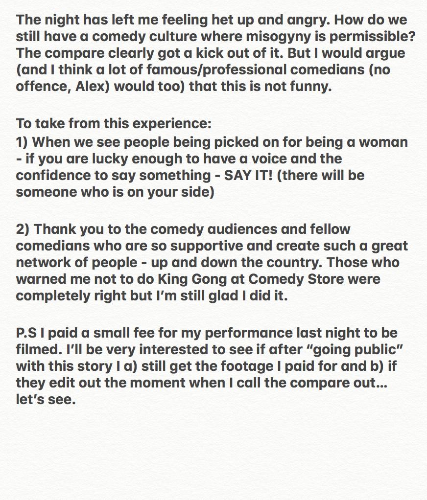 AmyWebberSop's tweet photo. To the two women were treated terribly at @ComedyStoreMCR last night and called "prostitutes" - I am so angry that misogyny is still deemed a permissible form of entertainment. I called the compare out after my stage time, this is what I have to say about it:  
#everydaysexism https://t.co/KEj7WkHTvz