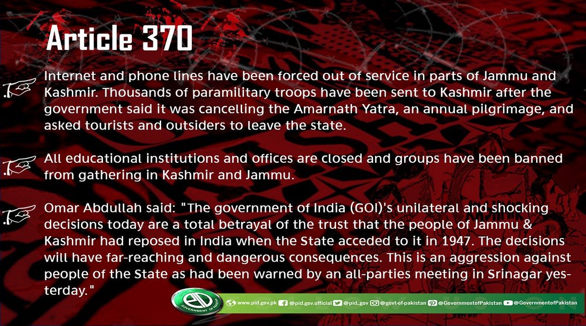 GovtofPakistan's tweet photo. India has targeted the basic rights of people of Kashmir by the revocation of Article 370 in Occupied Jammu and Kashmir. 
#Article370 #StandWithKashmir https://t.co/e9fWnRdAFP
