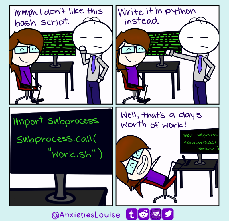 AnxietiesL's tweet photo. Coding in Bash.

#comic #webcomics #programming https://t.co/zpFZObDTkp