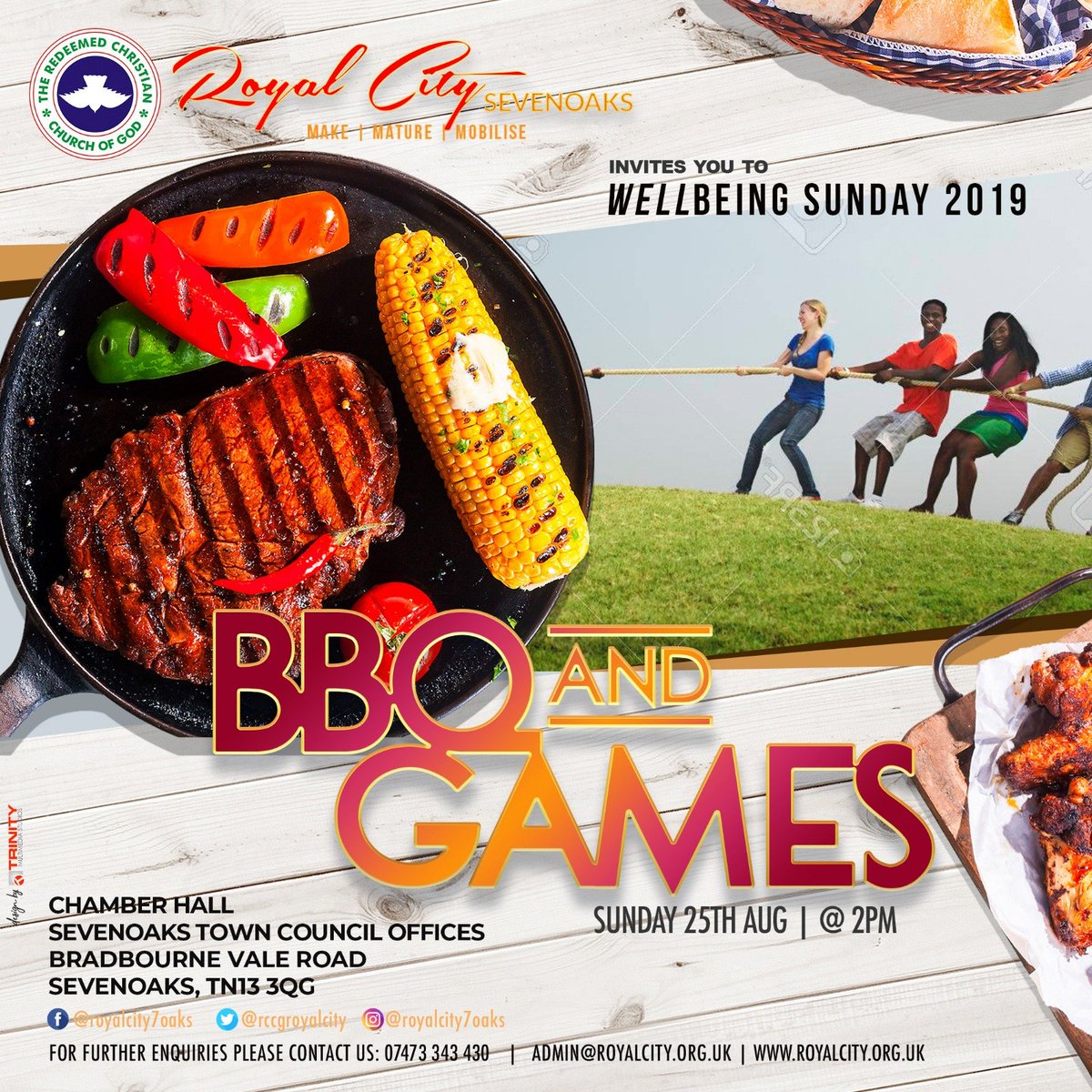 RCCGRoyalCity's tweet photo. BBQ & GAMES!!! You are specially invited to join us for Wellbeing Sunday - 25th August 2019 @ 2pm. We embrace a wellbeing lifestyle 2 achieve greater exploits in Jesus name, amen.
#RaisingKingdomAchievers #DiscoverJesus #GreaterExploits #Grace2Achieve #Power2Achieve #IAm https://t.co/je7eouzwUY